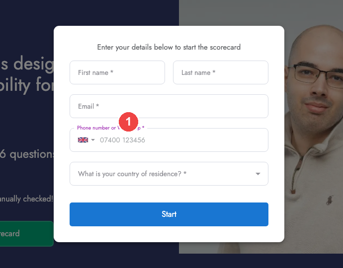 The quiz contact form, requiring five fields before the first question, with marker 1