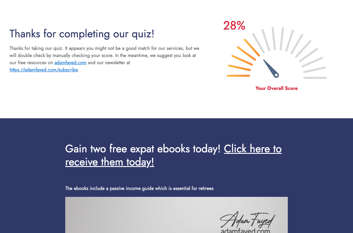 Quiz result page for a disqualified visitor, scoring 28 percent