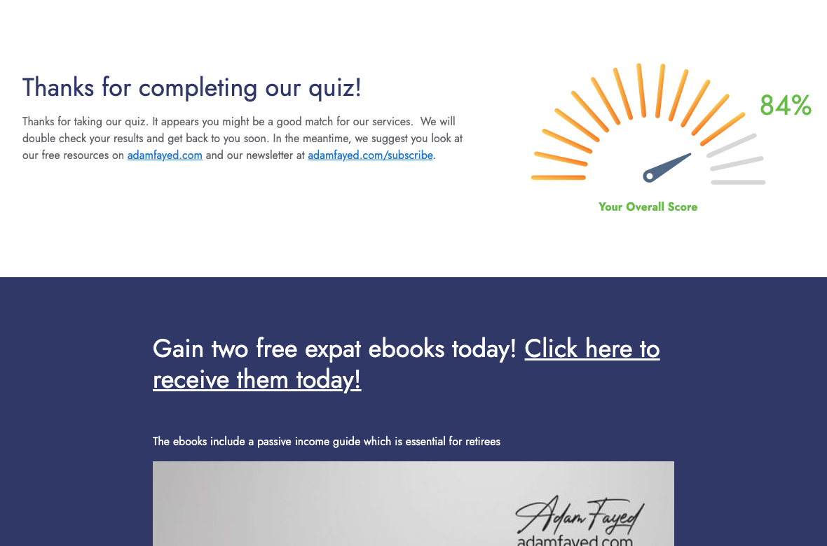 Quiz result page for a qualified visitor, scoring 84 percent